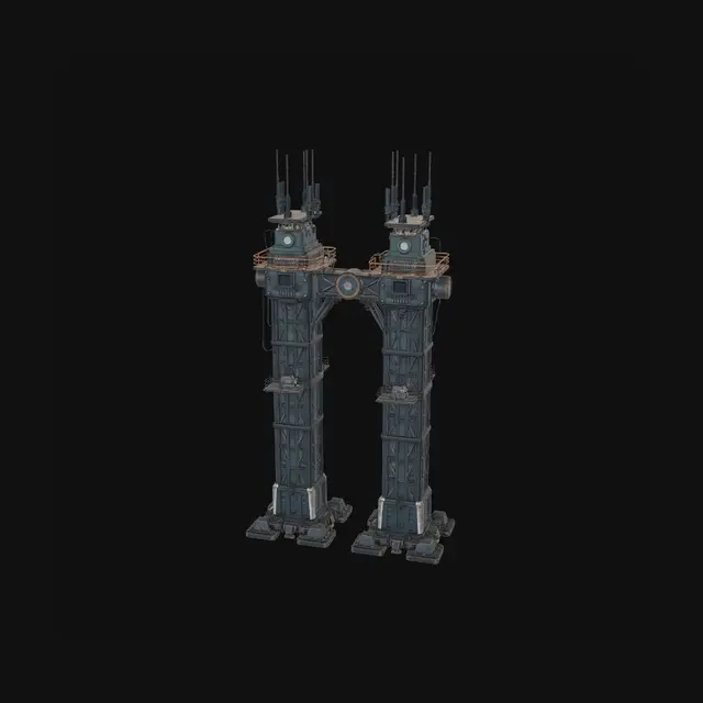3D model for Single standalone sci-fi twin tower structure, 3D model, tabletop scale. Two towers of slightly different heights connected by enclosed sky bridge at upper level. Each tower distinct in texture and detail suggesting different original builders. Sky bridge heavily reinforced, clearly added after original construction. Dense conduit work on both towers converging at bridge connection. Multiple antenna on each rooftop. Weathered and aged. Dark industrial materials, teal conduit glow at bridge connection point, amber lighting at base. No interior, solid exterior only, neutral background.