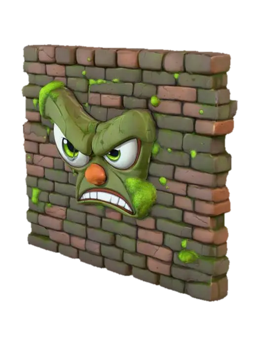 A cartoony, angry brick wall with moss and cracks. Looking down with a mocking face.… 3D model, vytvořený pomocí AI