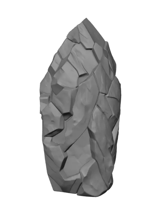 3D model for stylized low-poly fantasy game asset, clean topology, hand-painted textures, game-ready, no background, consistent art style; a jagged mystical crystalline monolith, rough faceted magic rock boulder with deep glowing cracks and embedded luminous crystal veins, standing upright on a rocky base, dark weathered stone with a bright crystal core