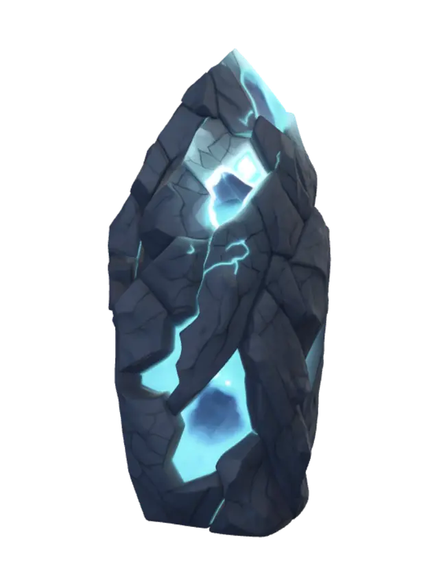 3D model for stylized low-poly fantasy game asset, clean topology, hand-painted textures, game-ready, no background, consistent art style; a jagged mystical crystalline monolith, rough faceted magic rock boulder with deep glowing cracks and embedded luminous crystal veins, standing upright on a rocky base, dark weathered stone with a bright crystal core