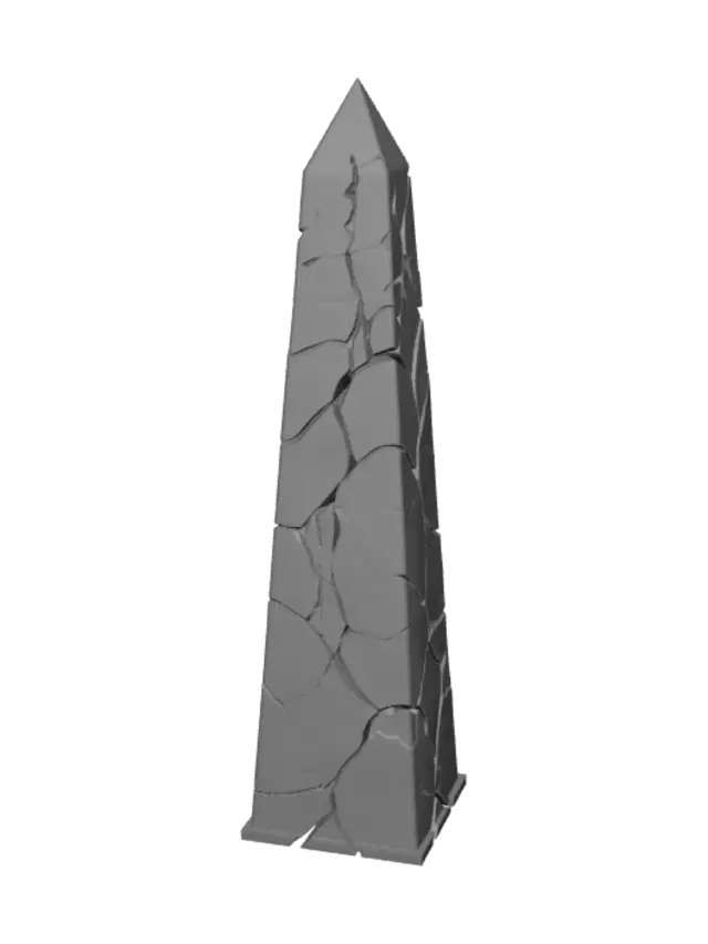 3D model for stylized low-poly fantasy game asset, clean topology, readable silhouette, hand-painted textures, optimized for isometric action RPG, no background, game-ready proportions, consistent art style; a mystical cracked stone obelisk monolith called a Metin, dark weathered rock with glowing molten orange runes and magical cracks radiating chaos energy, standing upright on a rocky base