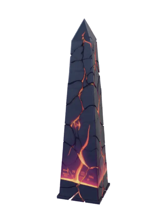 3D model for stylized low-poly fantasy game asset, clean topology, readable silhouette, hand-painted textures, optimized for isometric action RPG, no background, game-ready proportions, consistent art style; a mystical cracked stone obelisk monolith called a Metin, dark weathered rock with glowing molten orange runes and magical cracks radiating chaos energy, standing upright on a rocky base