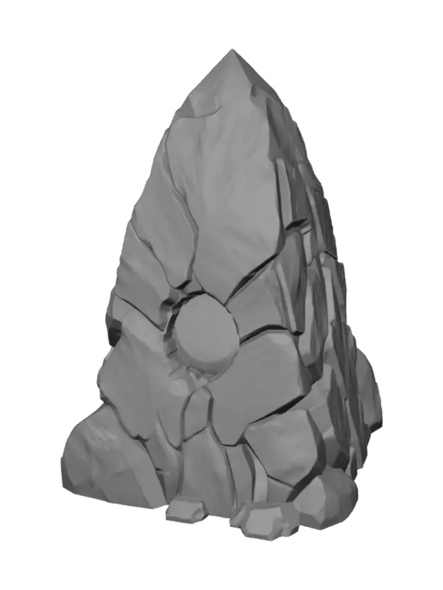 3D model for stylized low-poly fantasy game asset, clean topology, hand-painted textures, game-ready, no background, consistent art style; a jagged cursed obsidian monolith called a Metin, standing upright on a rocky base, cracked black volcanic stone with deep glowing crimson-red lava veins and abyssal red energy in the cracks, ominous dark aura, sharp broken shards, a glowing red rune core