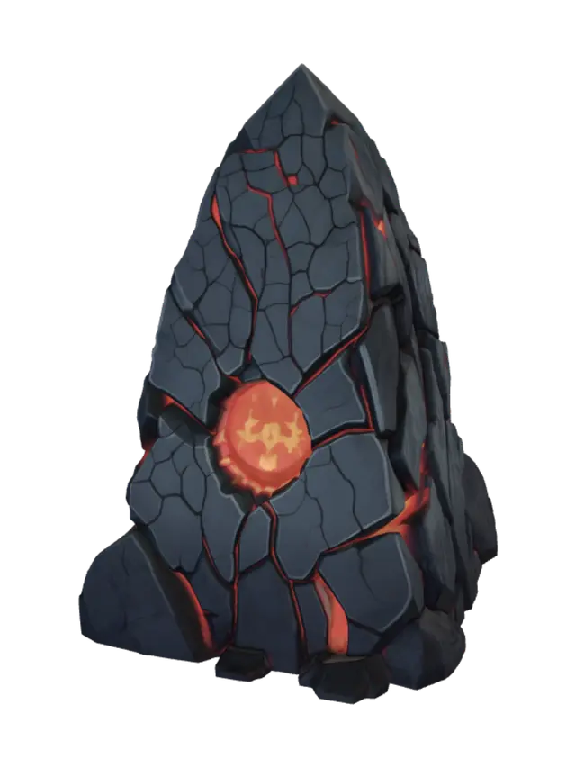3D model for stylized low-poly fantasy game asset, clean topology, hand-painted textures, game-ready, no background, consistent art style; a jagged cursed obsidian monolith called a Metin, standing upright on a rocky base, cracked black volcanic stone with deep glowing crimson-red lava veins and abyssal red energy in the cracks, ominous dark aura, sharp broken shards, a glowing red rune core