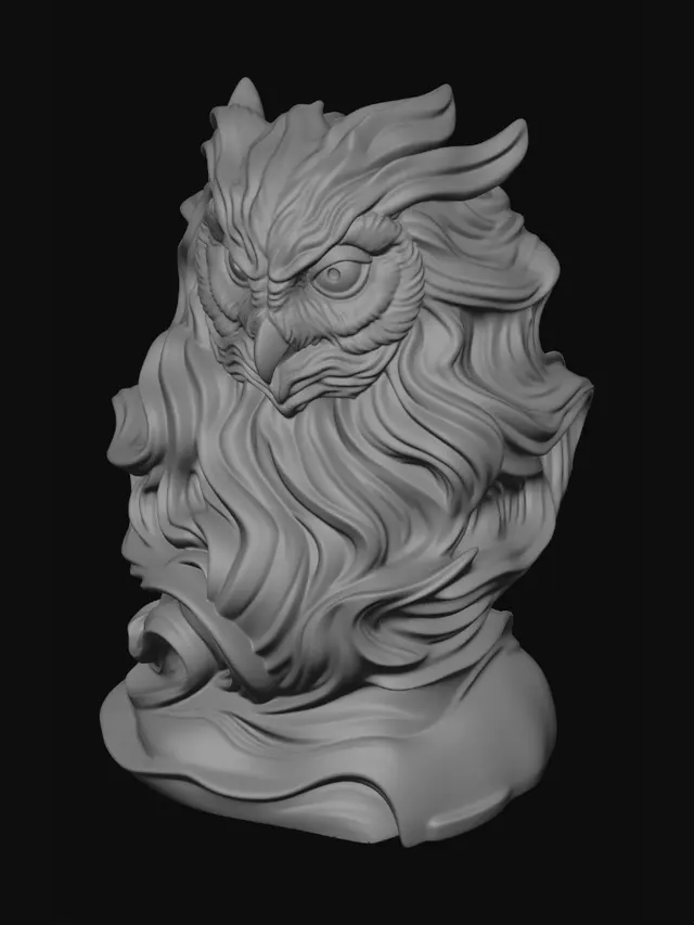 3D model for Majestic sculptural owl made from flowing carved marble waves, elegant fantasy aesthetic, organic feather formations transforming into swirling ribbon-like forms, smooth continuous curves, layered marble striations, white and soft gray polished stone texture, dynamic motion frozen in sculpture, highly detailed owl anatomy, piercing intelligent eyes, graceful head posture, luxurious baroque-inspired flowing shapes, seamless surface transitions, premium contemporary sculpture design, cinematic studio lighting, soft shadows, centered composition, minimal neutral background, ultra realistic, museum-quality digital sculpture, intricate flowing marble feather curls, high-end collectible art piece, refined organic topology, volumetric depth, sophisticated ornamental motion, ethereal and elegant a