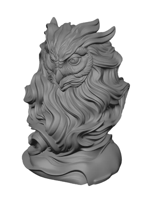 3D model for Majestic sculptural owl made from flowing carved marble waves, elegant fantasy aesthetic, organic feather formations transforming into swirling ribbon-like forms, smooth continuous curves, layered marble striations, white and soft gray polished stone texture, dynamic motion frozen in sculpture, highly detailed owl anatomy, piercing intelligent eyes, graceful head posture, luxurious baroque-inspired flowing shapes, seamless surface transitions, premium contemporary sculpture design, cinematic studio lighting, soft shadows, centered composition, minimal neutral background, ultra realistic, museum-quality digital sculpture, intricate flowing marble feather curls, high-end collectible art piece, refined organic topology, volumetric depth, sophisticated ornamental motion, ethereal and elegant a