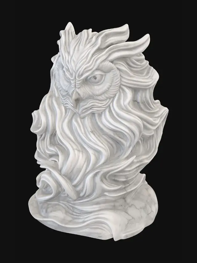 3D model for Majestic sculptural owl made from flowing carved marble waves, elegant fantasy aesthetic, organic feather formations transforming into swirling ribbon-like forms, smooth continuous curves, layered marble striations, white and soft gray polished stone texture, dynamic motion frozen in sculpture, highly detailed owl anatomy, piercing intelligent eyes, graceful head posture, luxurious baroque-inspired flowing shapes, seamless surface transitions, premium contemporary sculpture design, cinematic studio lighting, soft shadows, centered composition, minimal neutral background, ultra realistic, museum-quality digital sculpture, intricate flowing marble feather curls, high-end collectible art piece, refined organic topology, volumetric depth, sophisticated ornamental motion, ethereal and elegant a