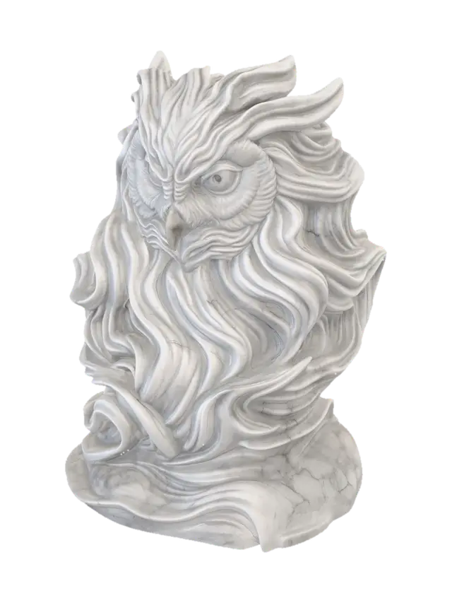 3D model for Majestic sculptural owl made from flowing carved marble waves, elegant fantasy aesthetic, organic feather formations transforming into swirling ribbon-like forms, smooth continuous curves, layered marble striations, white and soft gray polished stone texture, dynamic motion frozen in sculpture, highly detailed owl anatomy, piercing intelligent eyes, graceful head posture, luxurious baroque-inspired flowing shapes, seamless surface transitions, premium contemporary sculpture design, cinematic studio lighting, soft shadows, centered composition, minimal neutral background, ultra realistic, museum-quality digital sculpture, intricate flowing marble feather curls, high-end collectible art piece, refined organic topology, volumetric depth, sophisticated ornamental motion, ethereal and elegant a