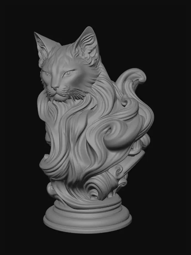 3D model for Majestic sculptural cat bust made from flowing carved marble waves, elegant fantasy aesthetic, organic fur transforming into swirling ribbon-like forms, smooth continuous curves, layered marble striations, white and soft gray polished stone texture, dynamic motion frozen in sculpture, highly detailed cat anatomy, piercing intelligent eyes, graceful feline expression, elegant elongated neck, luxurious baroque-inspired flowing shapes, seamless surface transitions, premium contemporary sculpture design, cinematic studio lighting, soft shadows, centered composition, minimal neutral background, ultra realistic, museum-quality digital sculpture, intricate flowing marble curls, high-end collectible art piece, refined organic topology, volumetric depth, sophisticated ornamental motion, ethereal