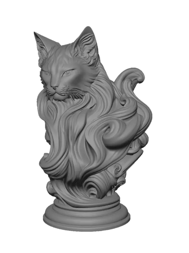 3D model for Majestic sculptural cat bust made from flowing carved marble waves, elegant fantasy aesthetic, organic fur transforming into swirling ribbon-like forms, smooth continuous curves, layered marble striations, white and soft gray polished stone texture, dynamic motion frozen in sculpture, highly detailed cat anatomy, piercing intelligent eyes, graceful feline expression, elegant elongated neck, luxurious baroque-inspired flowing shapes, seamless surface transitions, premium contemporary sculpture design, cinematic studio lighting, soft shadows, centered composition, minimal neutral background, ultra realistic, museum-quality digital sculpture, intricate flowing marble curls, high-end collectible art piece, refined organic topology, volumetric depth, sophisticated ornamental motion, ethereal