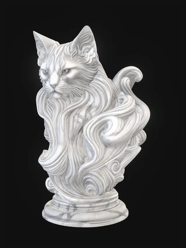 3D model for Majestic sculptural cat bust made from flowing carved marble waves, elegant fantasy aesthetic, organic fur transforming into swirling ribbon-like forms, smooth continuous curves, layered marble striations, white and soft gray polished stone texture, dynamic motion frozen in sculpture, highly detailed cat anatomy, piercing intelligent eyes, graceful feline expression, elegant elongated neck, luxurious baroque-inspired flowing shapes, seamless surface transitions, premium contemporary sculpture design, cinematic studio lighting, soft shadows, centered composition, minimal neutral background, ultra realistic, museum-quality digital sculpture, intricate flowing marble curls, high-end collectible art piece, refined organic topology, volumetric depth, sophisticated ornamental motion, ethereal