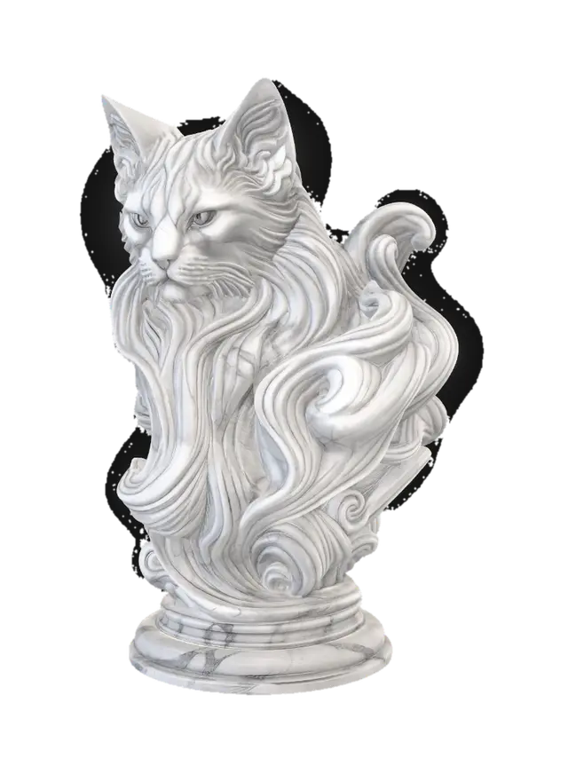 3D model for Majestic sculptural cat bust made from flowing carved marble waves, elegant fantasy aesthetic, organic fur transforming into swirling ribbon-like forms, smooth continuous curves, layered marble striations, white and soft gray polished stone texture, dynamic motion frozen in sculpture, highly detailed cat anatomy, piercing intelligent eyes, graceful feline expression, elegant elongated neck, luxurious baroque-inspired flowing shapes, seamless surface transitions, premium contemporary sculpture design, cinematic studio lighting, soft shadows, centered composition, minimal neutral background, ultra realistic, museum-quality digital sculpture, intricate flowing marble curls, high-end collectible art piece, refined organic topology, volumetric depth, sophisticated ornamental motion, ethereal