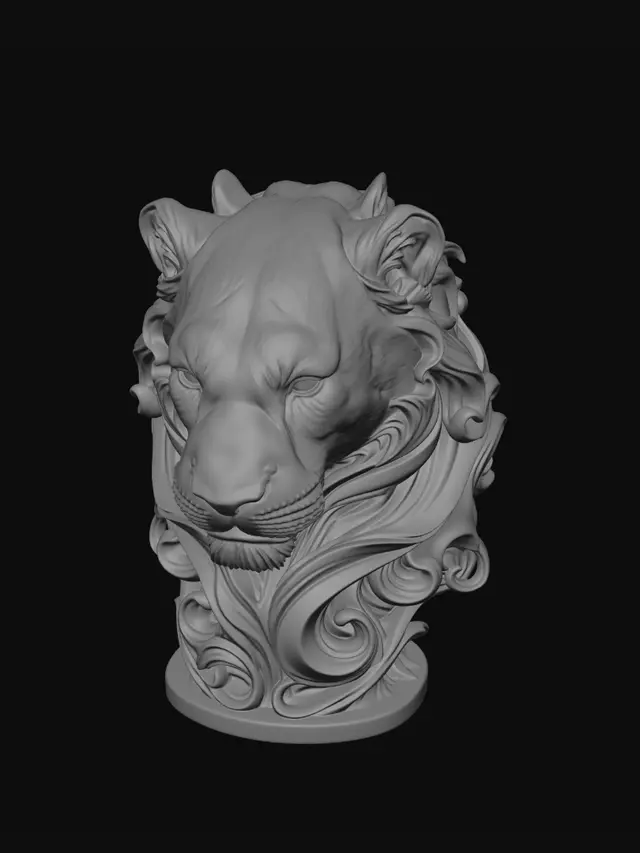 3D model for Majestic Bengal tiger bust made from flowing carved marble waves, powerful feline anatomy, piercing amber gemstone-like eyes, broad majestic muzzle, luxurious marble fur transforming into elegant swirling ribbons, dramatic striped marble patterns naturally embedded into the stone, layered white and silver-gray polished marble texture, organic motion frozen in stone, baroque-inspired ornamental forms, seamless topology, museum-quality collectible sculpture, flowing rear fur architecture, beautiful from every angle, intricate 360-degree detailing, cinematic lighting, deep shadows enhancing depth and volume, premium gallery masterpiece, ultra realistic, photorealistic render, luxury designer sculpture, refined organic forms, powerful predator spirit, monumental artistic presence, timeless myt