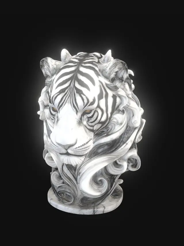 3D model for Majestic Bengal tiger bust made from flowing carved marble waves, powerful feline anatomy, piercing amber gemstone-like eyes, broad majestic muzzle, luxurious marble fur transforming into elegant swirling ribbons, dramatic striped marble patterns naturally embedded into the stone, layered white and silver-gray polished marble texture, organic motion frozen in stone, baroque-inspired ornamental forms, seamless topology, museum-quality collectible sculpture, flowing rear fur architecture, beautiful from every angle, intricate 360-degree detailing, cinematic lighting, deep shadows enhancing depth and volume, premium gallery masterpiece, ultra realistic, photorealistic render, luxury designer sculpture, refined organic forms, powerful predator spirit, monumental artistic presence, timeless myt