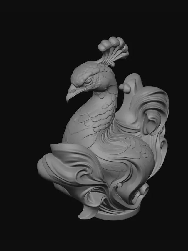 3D model for Majestic sculptural peacock bust made from flowing carved marble waves, elegant fantasy aesthetic, organic feathers transforming into swirling ribbon-like forms, smooth continuous curves, layered marble striations, white and soft gray polished stone texture, dynamic motion frozen in sculpture, highly detailed peacock anatomy, proud noble expression, graceful elongated neck, luxurious baroque-inspired flowing shapes, seamless surface transitions, premium contemporary sculpture design, cinematic studio lighting, soft shadows, centered composition, minimal neutral background, ultra realistic, museum-quality digital sculpture, intricate flowing marble feather curls, magnificent ornamental crest, high-end collectible art piece, refined organic topology, volumetric depth, sophisticated ornamenta