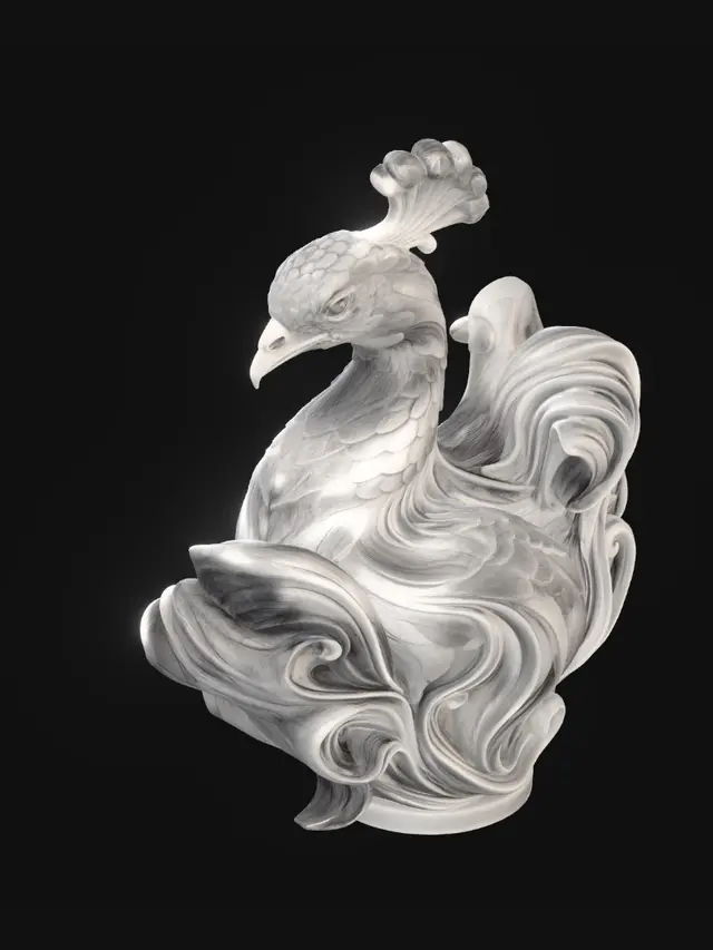 3D model for Majestic sculptural peacock bust made from flowing carved marble waves, elegant fantasy aesthetic, organic feathers transforming into swirling ribbon-like forms, smooth continuous curves, layered marble striations, white and soft gray polished stone texture, dynamic motion frozen in sculpture, highly detailed peacock anatomy, proud noble expression, graceful elongated neck, luxurious baroque-inspired flowing shapes, seamless surface transitions, premium contemporary sculpture design, cinematic studio lighting, soft shadows, centered composition, minimal neutral background, ultra realistic, museum-quality digital sculpture, intricate flowing marble feather curls, magnificent ornamental crest, high-end collectible art piece, refined organic topology, volumetric depth, sophisticated ornamenta