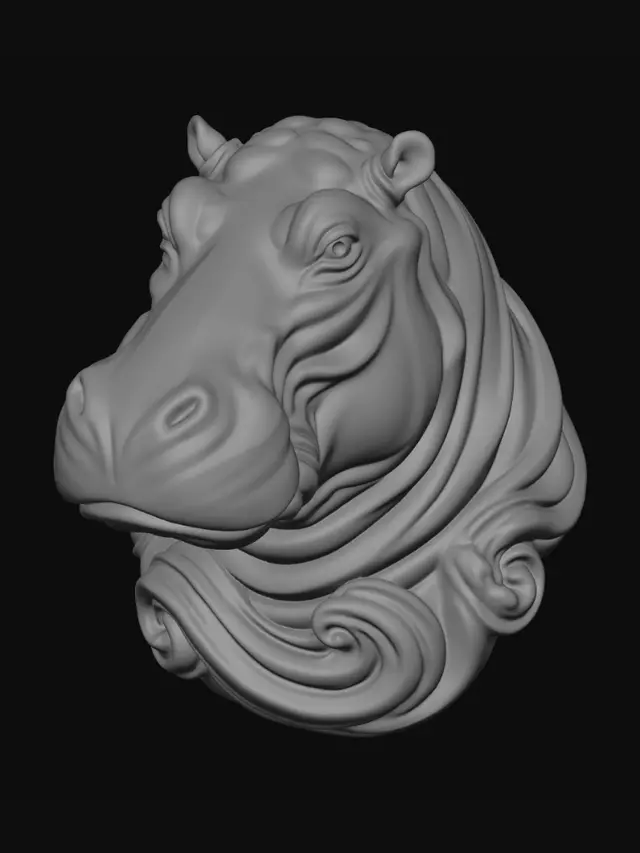 3D model for Majestic sculptural hippopotamus bust made from flowing carved marble waves, elegant fantasy aesthetic, organic skin folds transforming into swirling ribbon-like forms, smooth continuous curves, layered marble striations, white and soft gray polished stone texture, dynamic motion frozen in sculpture, highly detailed hippopotamus anatomy, deep intelligent eyes, powerful noble expression, broad massive muzzle, strong muscular neck, luxurious baroque-inspired flowing shapes, seamless surface transitions, premium contemporary sculpture design, cinematic studio lighting, soft shadows, centered composition, minimal neutral background, ultra realistic, museum-quality digital sculpture, intricate flowing marble curls, high-end collectible art piece, refined organic topology, volumetric depth, soph