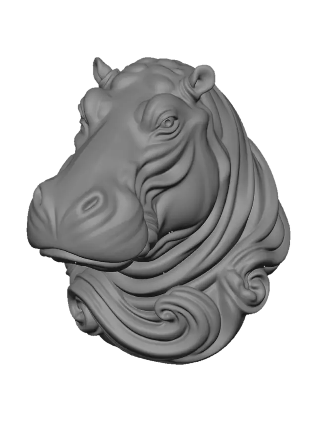 3D model for Majestic sculptural hippopotamus bust made from flowing carved marble waves, elegant fantasy aesthetic, organic skin folds transforming into swirling ribbon-like forms, smooth continuous curves, layered marble striations, white and soft gray polished stone texture, dynamic motion frozen in sculpture, highly detailed hippopotamus anatomy, deep intelligent eyes, powerful noble expression, broad massive muzzle, strong muscular neck, luxurious baroque-inspired flowing shapes, seamless surface transitions, premium contemporary sculpture design, cinematic studio lighting, soft shadows, centered composition, minimal neutral background, ultra realistic, museum-quality digital sculpture, intricate flowing marble curls, high-end collectible art piece, refined organic topology, volumetric depth, soph