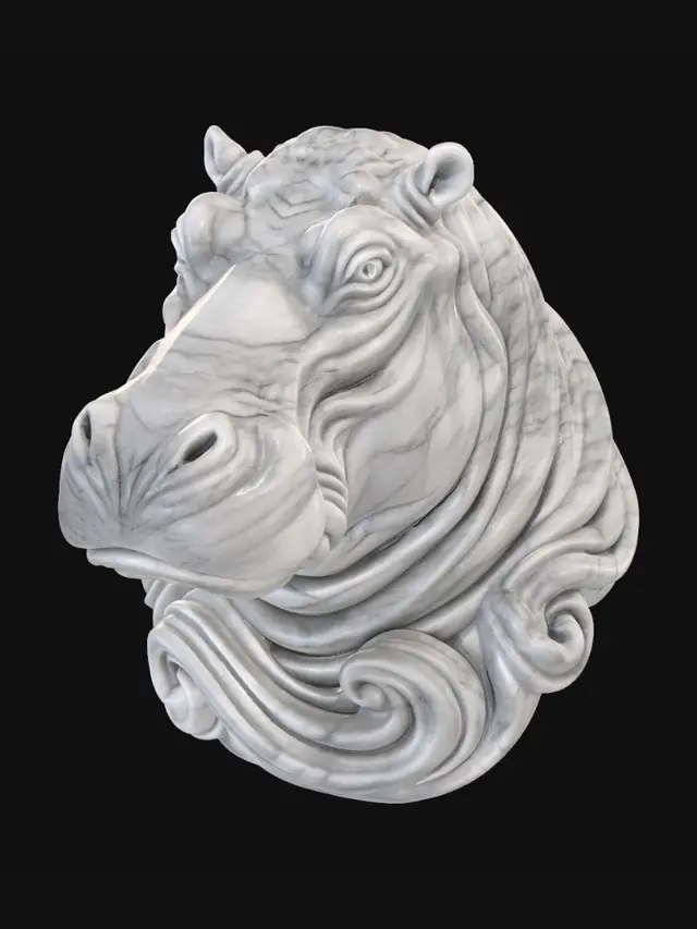 3D model for Majestic sculptural hippopotamus bust made from flowing carved marble waves, elegant fantasy aesthetic, organic skin folds transforming into swirling ribbon-like forms, smooth continuous curves, layered marble striations, white and soft gray polished stone texture, dynamic motion frozen in sculpture, highly detailed hippopotamus anatomy, deep intelligent eyes, powerful noble expression, broad massive muzzle, strong muscular neck, luxurious baroque-inspired flowing shapes, seamless surface transitions, premium contemporary sculpture design, cinematic studio lighting, soft shadows, centered composition, minimal neutral background, ultra realistic, museum-quality digital sculpture, intricate flowing marble curls, high-end collectible art piece, refined organic topology, volumetric depth, soph
