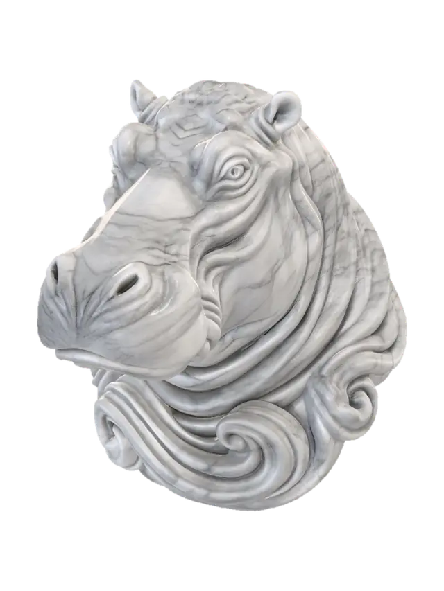 3D model for Majestic sculptural hippopotamus bust made from flowing carved marble waves, elegant fantasy aesthetic, organic skin folds transforming into swirling ribbon-like forms, smooth continuous curves, layered marble striations, white and soft gray polished stone texture, dynamic motion frozen in sculpture, highly detailed hippopotamus anatomy, deep intelligent eyes, powerful noble expression, broad massive muzzle, strong muscular neck, luxurious baroque-inspired flowing shapes, seamless surface transitions, premium contemporary sculpture design, cinematic studio lighting, soft shadows, centered composition, minimal neutral background, ultra realistic, museum-quality digital sculpture, intricate flowing marble curls, high-end collectible art piece, refined organic topology, volumetric depth, soph