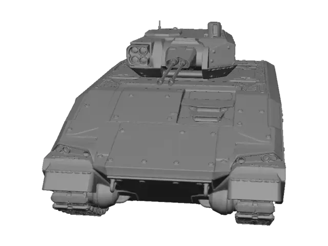 3D model for Heavy unmanned ground combat vehicle (UGV), autonomous robotic tank platform on tracked chassis. Low-profile armored body made of angular steel plates with panel gaps and hex bolts. Top turret houses an optronic sensor pod with multiple camera lenses and a light autocannon. Completely clean exterior surface, no markings, no flags, no text symbols. Photorealistic rendering, mud and subtle scratches on the matte gray paint, perfect front-three-quarter view for 3D asset modeling.