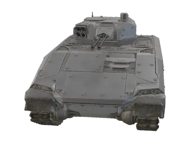 3D model for Heavy unmanned ground combat vehicle (UGV), autonomous robotic tank platform on tracked chassis. Low-profile armored body made of angular steel plates with panel gaps and hex bolts. Top turret houses an optronic sensor pod with multiple camera lenses and a light autocannon. Completely clean exterior surface, no markings, no flags, no text symbols. Photorealistic rendering, mud and subtle scratches on the matte gray paint, perfect front-three-quarter view for 3D asset modeling.