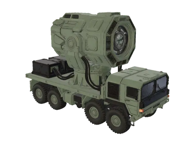 3D model for A futuristic mobile directed energy weapon (DEW) system mounted on an unbranded 8x8 military flatbed vehicle. The main turret features a massive, intricate laser emitter aperture with a complex optical lens mechanism, surrounding cooling vents, and heavy-duty power cables. Sharp hard-surface industrial design, clean military green and matte black color palette, completely blank exterior without flags, logos, or markings. Cinematic dramatic lighting, blueprints layout aesthetic, 8k resolution, perfect for 3D modeling and smart topology