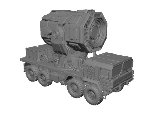 3D model for A futuristic mobile directed energy weapon (DEW) system mounted on an unbranded 8x8 military flatbed vehicle. The main turret features a massive, intricate laser emitter aperture with a complex optical lens mechanism, surrounding cooling vents, and heavy-duty power cables. Sharp hard-surface industrial design, clean military green and matte black color palette, completely blank exterior without flags, logos, or markings. Cinematic dramatic lighting, blueprints layout aesthetic, 8k resolution, perfect for 3D modeling and smart topology