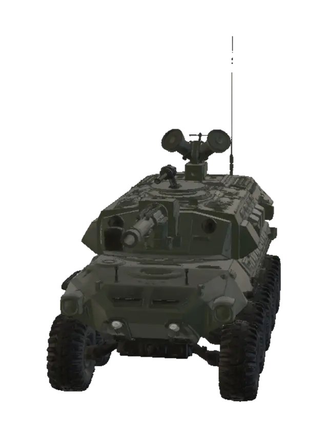 3D model for Ultra-realistic military engineering concept of a heavy autonomous mobile fortress. Long low-profile chassis with 12 oversized rugged wheels (6 per side). Strategic modular layout: Front-mounted heavy railgun turret with sleek ballistic geometry. Mid-section features recessed vertical launch cells (VLS) for missiles. Rear section holds a retractable sensor mast with rotating AESA radar panels and optical LIDAR. Two compact independent rapid-fire point-defense turrets positioned on the rear corners for 360 coverage. Heavy composite angled armor, non-reflective tactical coating. Realistic hydraulic suspension, visible cooling vents, power cables, and industrial markings. Cinematic sunset lighting on a dry salt flat, 8k resolution, technical accuracy, highly detailed mechanical parts