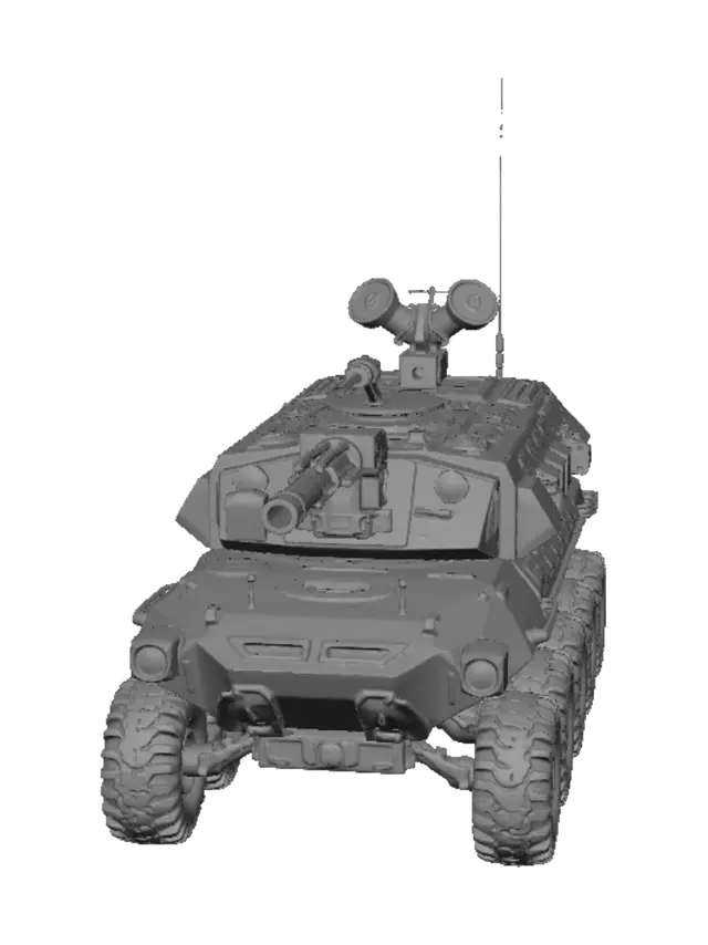 3D model for Ultra-realistic military engineering concept of a heavy autonomous mobile fortress. Long low-profile chassis with 12 oversized rugged wheels (6 per side). Strategic modular layout: Front-mounted heavy railgun turret with sleek ballistic geometry. Mid-section features recessed vertical launch cells (VLS) for missiles. Rear section holds a retractable sensor mast with rotating AESA radar panels and optical LIDAR. Two compact independent rapid-fire point-defense turrets positioned on the rear corners for 360 coverage. Heavy composite angled armor, non-reflective tactical coating. Realistic hydraulic suspension, visible cooling vents, power cables, and industrial markings. Cinematic sunset lighting on a dry salt flat, 8k resolution, technical accuracy, highly detailed mechanical parts