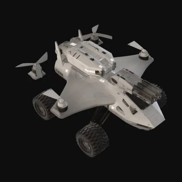 3D model for Prompt: Heavy UGV based on the image, flying wing geometry with faceted armor. 6 rugged off-road wheels, 4 internal ducted fan propellers. Featuring a unique modular combat turret with dual-barrel autocannons in a faceted shroud. Top-mounted armored medical capsule with an open ramp. Stealth industrial aesthetic, matte grey titanium finish, technical stencils, high-poly mechanical detail, PBR textures. No cockpit, no glass