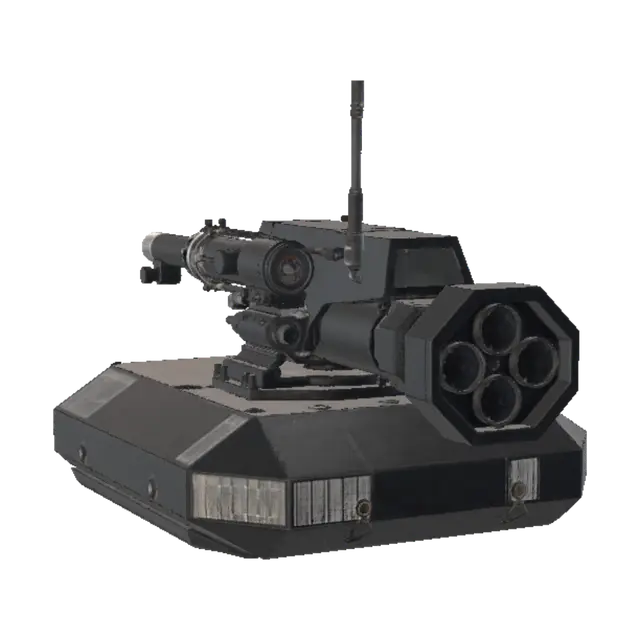 3D model for A modern vehicle-mounted remote weapon station (RWS) turret, contemporary NATO-standard hard-surface design. Complete mechanical assembly featuring a central heavy machine gun, flexible metallic ammunition feed chute, and a side-mounted armored electro-optical sensor pod with multiple glass camera lenses. Sleek angular ballistic protective housing with visible hex fasteners and pivot joints. Matte dark gray finish, unbranded, completely blank exterior without markings, letters, or insignias. High-detail studio product display, perfect front-three-quarter reference for 3D modeling and smart topology layout.