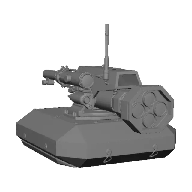 3D model for A modern vehicle-mounted remote weapon station (RWS) turret, contemporary NATO-standard hard-surface design. Complete mechanical assembly featuring a central heavy machine gun, flexible metallic ammunition feed chute, and a side-mounted armored electro-optical sensor pod with multiple glass camera lenses. Sleek angular ballistic protective housing with visible hex fasteners and pivot joints. Matte dark gray finish, unbranded, completely blank exterior without markings, letters, or insignias. High-detail studio product display, perfect front-three-quarter reference for 3D modeling and smart topology layout.