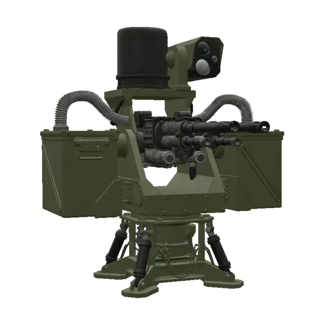 3D model for A heavy counter-drone remote weapon station (RWS) module featuring a dual-barrel automatic cannon assembly with detailed mechanical recoil mechanisms. Outfitted with twin oversized rectangular ammunition boxes on both sides and prominent flexible metal feed lines. The upper section houses a cylindrical radar dome and a multi-lens thermal imaging camera pod. Rugged industrial hard-surface engineering with visible hydraulic stabilization pistons at the base. Matte olive drab and black finish, entirely unbranded, no text, no military symbols. Technical studio rendering, harsh directional shadows to define mechanical shapes for high-poly 3D asset creation and smart topology.