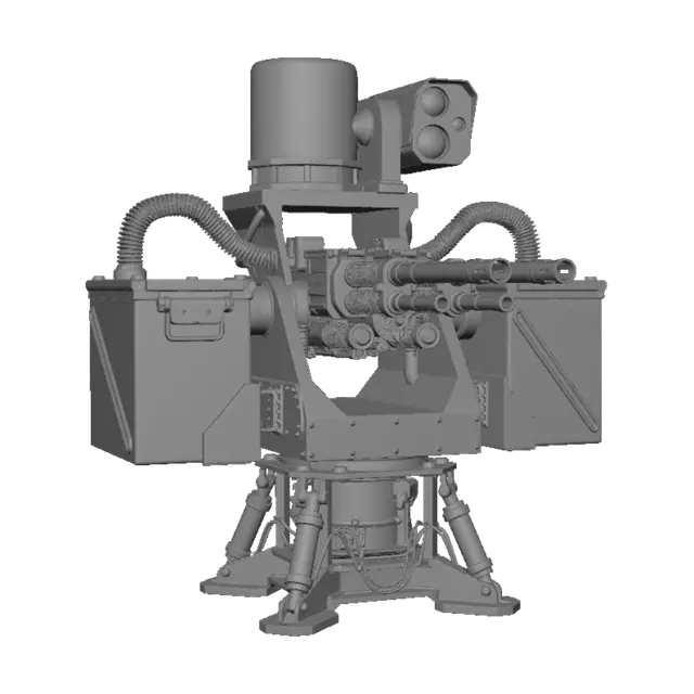 3D model for A heavy counter-drone remote weapon station (RWS) module featuring a dual-barrel automatic cannon assembly with detailed mechanical recoil mechanisms. Outfitted with twin oversized rectangular ammunition boxes on both sides and prominent flexible metal feed lines. The upper section houses a cylindrical radar dome and a multi-lens thermal imaging camera pod. Rugged industrial hard-surface engineering with visible hydraulic stabilization pistons at the base. Matte olive drab and black finish, entirely unbranded, no text, no military symbols. Technical studio rendering, harsh directional shadows to define mechanical shapes for high-poly 3D asset creation and smart topology.