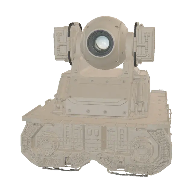 3D model for A high-energy laser (HEL) air defense weapon module, modern tactical directed energy weapon asset. Features a central rotating spherical gimbal turret housing a massive circular optical focus lens aperture with internal anti-reflective glass layers. The main housing is flanked by heavy industrial cooling radiators with deep geometric fin textures and high-voltage power conduits. Sleek, angular military hard-surface design with visible hex fasteners and hydraulic elevation arms. Matte desert sand finish, completely unbranded, zero logos, zero military insignias. Clear studio lighting layout, optimized for high-fidelity 3D modeling and smart topology mapping.