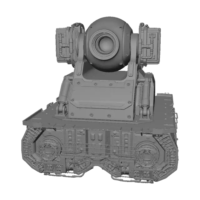 3D model for A high-energy laser (HEL) air defense weapon module, modern tactical directed energy weapon asset. Features a central rotating spherical gimbal turret housing a massive circular optical focus lens aperture with internal anti-reflective glass layers. The main housing is flanked by heavy industrial cooling radiators with deep geometric fin textures and high-voltage power conduits. Sleek, angular military hard-surface design with visible hex fasteners and hydraulic elevation arms. Matte desert sand finish, completely unbranded, zero logos, zero military insignias. Clear studio lighting layout, optimized for high-fidelity 3D modeling and smart topology mapping.