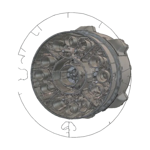 3D model for Technical close-up view of the propulsion and tail section of an interplanetary exploration rocket ship designed for Mars missions. Features a dense cluster of multi-directional rocket engine nozzles, detailed copper fuel plumbing, hydraulic steering actuators, and structural support struts. Monolithic metallic fuselage with crisp panel gaps and heavy industrial bolts. Surface is completely blank, matte titanium finish, without insignias, country flags, or serial letters. Dramatic directional studio lighting highlighting individual mechanical components, clean polygonal structure for high-poly 3D modeling and smart topology optimization.