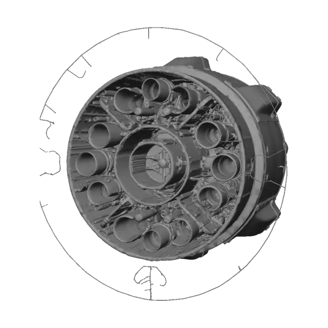 3D model for Technical close-up view of the propulsion and tail section of an interplanetary exploration rocket ship designed for Mars missions. Features a dense cluster of multi-directional rocket engine nozzles, detailed copper fuel plumbing, hydraulic steering actuators, and structural support struts. Monolithic metallic fuselage with crisp panel gaps and heavy industrial bolts. Surface is completely blank, matte titanium finish, without insignias, country flags, or serial letters. Dramatic directional studio lighting highlighting individual mechanical components, clean polygonal structure for high-poly 3D modeling and smart topology optimization.