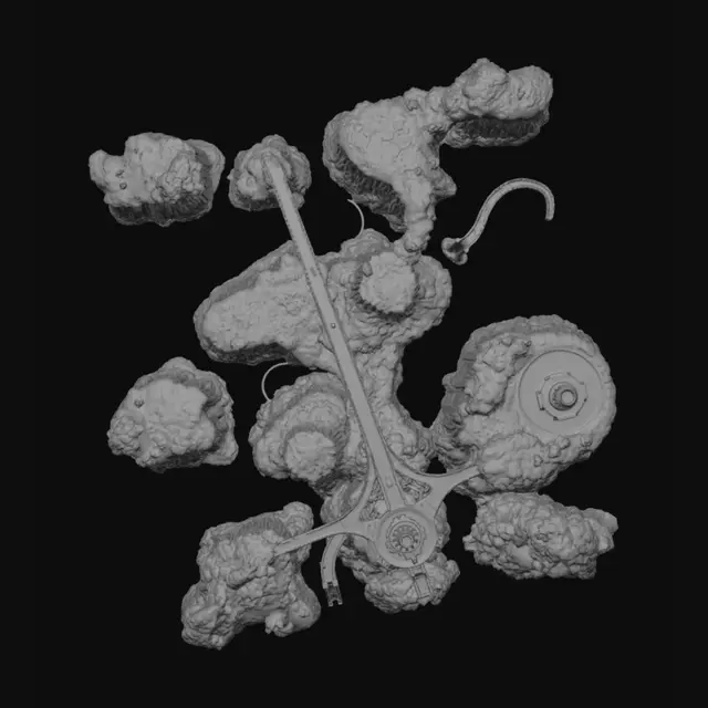 3D model for "An ultra-realistic, 16K resolution cinematic aerial and top-down view of a massive post-apocalyptic survival game map spanning 100,000 kilometers. The terrain features incredibly dense, dark overgrown jungles with thick mutated vines, severely shattered and broken highway systems snaking through the landscape, massive cracked dried-up riverbeds, and rusted abandoned military checkpoints. Far in the distance, deeply embedded in the fog at the 500km mark, a faint, eerie neon-green glowing beacon shines vertically into the sky, marking the location of a hidden underground laboratory. Highly detailed, photorealistic, atmospheric volumetric fog, cinematic lighting, Unreal Engine 5 render style, masterpiece concept art."