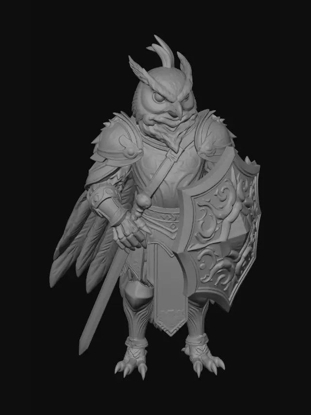 3D model for EIne humanoide EUle die aussieht wie ein Paladin bewaffnet mit einem SChwert und einem Schild, die Eule ist mittelgroß und breit gebaut, sie trÄgt eine RÜStung