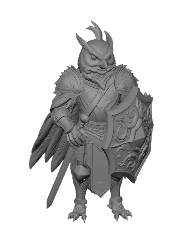 3D model for EIne humanoide EUle die aussieht wie ein Paladin bewaffnet mit einem SChwert und einem Schild, die Eule ist mittelgroß und breit gebaut, sie trÄgt eine RÜStung