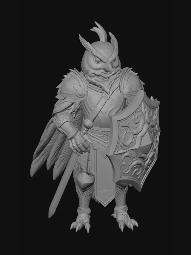 3D model for EIne humanoide EUle die aussieht wie ein Paladin bewaffnet mit einem SChwert und einem Schild, die Eule ist mittelgroß und breit gebaut, sie trÄgt eine RÜStung