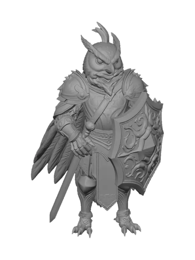 3D model for EIne humanoide EUle die aussieht wie ein Paladin bewaffnet mit einem SChwert und einem Schild, die Eule ist mittelgroß und breit gebaut, sie trÄgt eine RÜStung