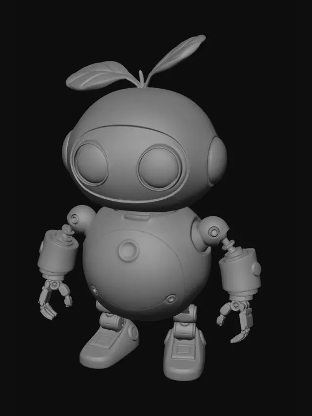 3D model for 一个小型卡通机器人,名字叫“小绿”。身体是一个光滑的绿色球体,直径约0.5米。头顶正中央长出一片嫩绿色的小叶子,叶子形状类似两片豆瓣合拢,微微张开,叶脉是浅绿色。叶子高度约8厘米。正面有两只纯黑色的大圆眼睛,眼睛直径约6厘米,高光点只有一个白色小圆点(位于左上角),没有瞳孔。没有嘴巴、鼻子、耳朵。身体两侧各有一只细细的银色机械手,每只手臂有三节,总长度约0.4米,末端是一个小钳子形状(两个小爪)。手臂自然下垂时可以贴合身体。材质:身体为光滑塑料质感(绿色),手臂为金属质感(银色),眼睛为玻璃质感(纯黑)。纯色材质,无复杂纹理。低面数风格,PBR基础材质。输出OBJ或FBX。