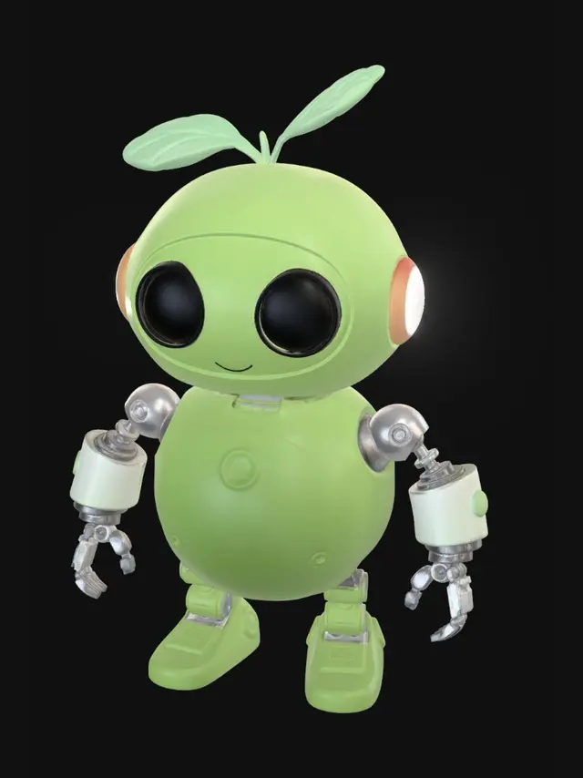 3D model for 一个小型卡通机器人,名字叫“小绿”。身体是一个光滑的绿色球体,直径约0.5米。头顶正中央长出一片嫩绿色的小叶子,叶子形状类似两片豆瓣合拢,微微张开,叶脉是浅绿色。叶子高度约8厘米。正面有两只纯黑色的大圆眼睛,眼睛直径约6厘米,高光点只有一个白色小圆点(位于左上角),没有瞳孔。没有嘴巴、鼻子、耳朵。身体两侧各有一只细细的银色机械手,每只手臂有三节,总长度约0.4米,末端是一个小钳子形状(两个小爪)。手臂自然下垂时可以贴合身体。材质:身体为光滑塑料质感(绿色),手臂为金属质感(银色),眼睛为玻璃质感(纯黑)。纯色材质,无复杂纹理。低面数风格,PBR基础材质。输出OBJ或FBX。