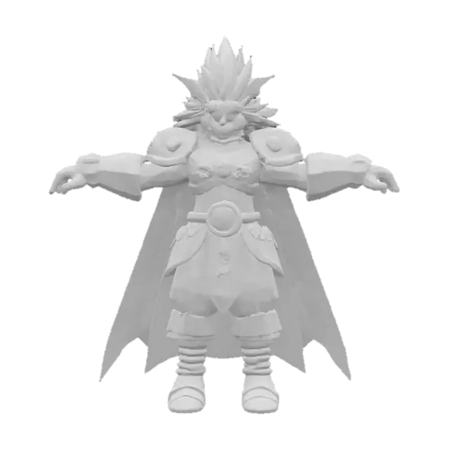 3D model for A highly stylized 3D character, fantasy-themed, wearing ornate armor with glowing runes, exaggerated proportions (large hands and feet, small torso), vibrant cel-shaded textures, inspired by games like Genshin Impact and Zelda: Breath of the Wild. The character has spiky hair, a long cape flowing dramatically. Bright, colorful palette with distinct silhouette. T-Pose