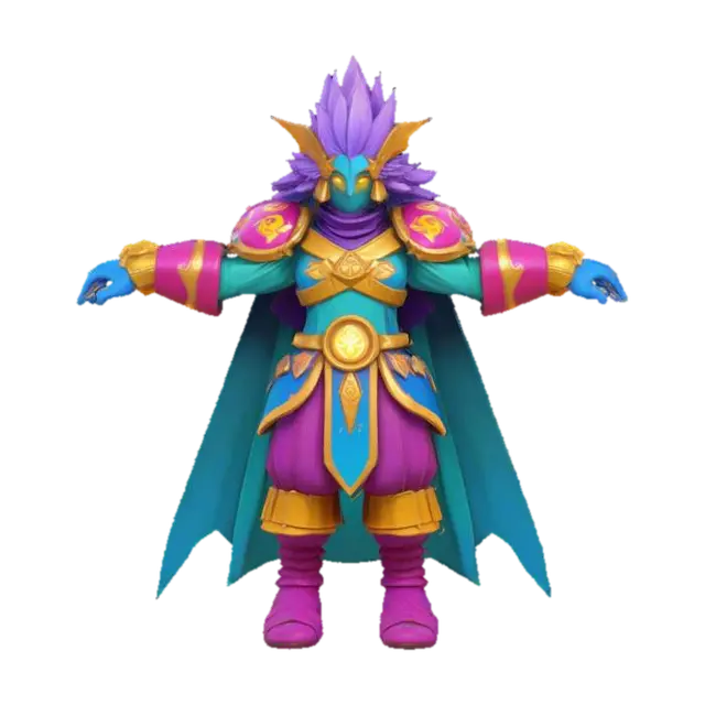3D model for A highly stylized 3D character, fantasy-themed, wearing ornate armor with glowing runes, exaggerated proportions (large hands and feet, small torso), vibrant cel-shaded textures, inspired by games like Genshin Impact and Zelda: Breath of the Wild. The character has spiky hair, a long cape flowing dramatically. Bright, colorful palette with distinct silhouette. T-Pose