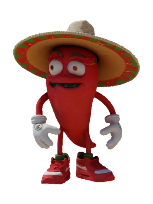 Mexican humanoid red chili pepper with sombrero on head, white gloves and red air… 3D model, vytvořený pomocí AI