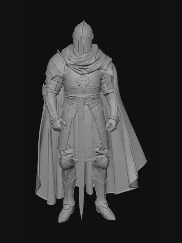 3D model for Generate a stylized 3D model of a medieval knight for use in a portfolio website hero section.
The knight should wear detailed armor with gold accents and a deep burgundy cape.
Style: semi‑realistic but optimized for web display (low‑poly with clean textures).
Pose: standing guard with sword planted in the ground, subtle idle animation (armor glint, cape sway).
Lighting: torchlight glow with warm highlights and faint rune patterns on the armor.
Background: parchment‑like texture with faint illuminated manuscript borders.
Export format: GLTF/OBJ with baked textures suitable for embedding in a web portfolio.
Additional assets: small animated props to complement the knight.
Overall vibe: immersive medieval aesthetic fused with modern computer science identity.